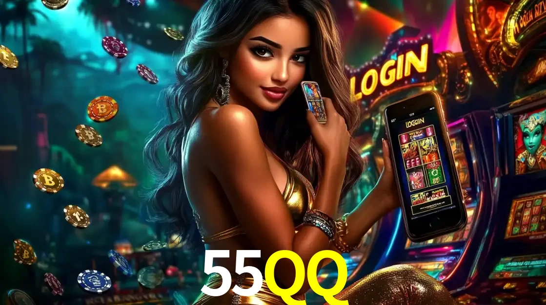 Mulher em um cenário de cassino temático de aventura, mostrando o app de caça-níqueis da 55QQ no celular. Fichas de apostas flutuam ao redor.