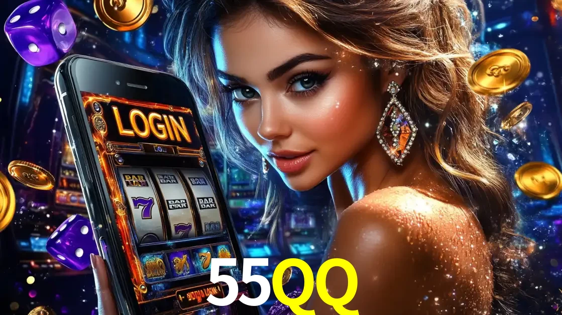 Mulher glamorosa segurando um smartphone com a tela de login para os jogos de caça-níqueis do cassino online 55QQ, com moedas de ouro e dados ao redor.