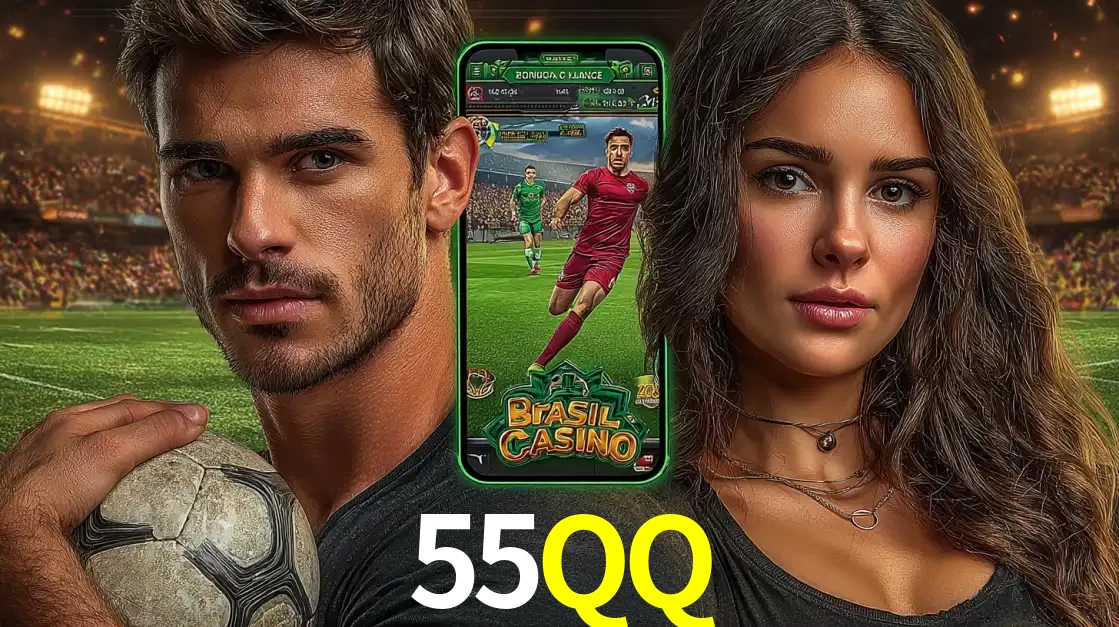 Homem segurando uma bola de futebol e uma mulher ao lado de um smartphone exibindo o jogo de apostas esportivas da 55QQ. Faça seu palpite no cassino online.